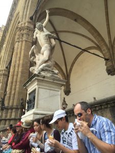 Majestic Florence, also very, very crowded. We got away from the packed restaurant scene by getting porchetta sandwiches to go and enjoying them with a view on the Piazza Signorella in the heart of the Birthplace of the Renaissance